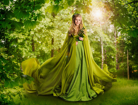Fantasy Fairy Tale Forest, Fairytale Nature Goddess, Nymph Woman in Mysterious Green Dressの写真素材