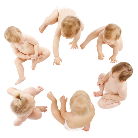 Babies Group, Kids Toddlers Crawling in Infant Diapers, Children Isolated over White, high angle viewの写真素材