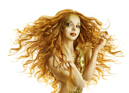 Fashion Girl Hair Style, Woman Model Holding Long Waving Hairstyle over Whiteの写真素材