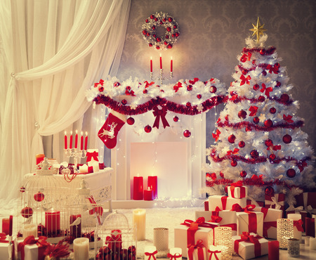 Christmas Room Interior, Xmas Tree Fireplace Presents, House Decorationの写真素材