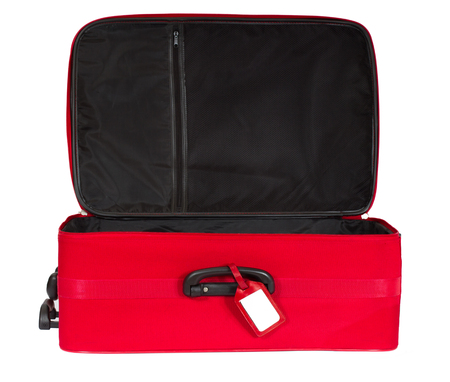 Suitcase, Open Empty Luggage, Red Travel Baggage Bag with Tag, Isolated over White Backgroundの写真素材