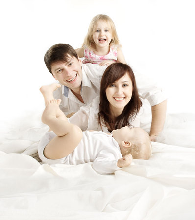 Family over White Background, Happy Parents with Children, Father Mother Kid and Baby, Four People White Isolatedの写真素材
