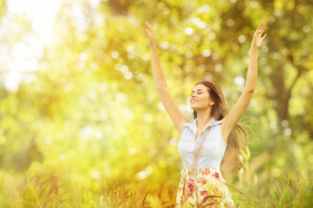 Happy Woman Life Style, Smiling Girl Raised Open Arms, Active Outdoor Relax in Natureの写真素材