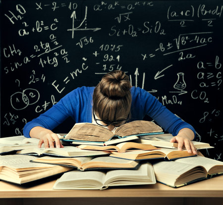 Student Hard Study, Tired Bored Woman Read Books over Blackboard Math Formulas, Difficult Education