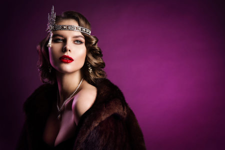 Retro Fashion Model in Fur Coat, Diadem, Woman Beauty Vintage Hairstyle Makeup, Old Fashioned...