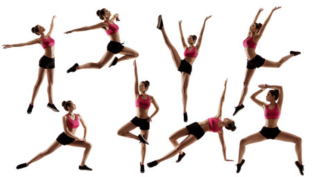 Set of Sporty Woman Fitness Exercise. Pilates Workout in Side Silhouette. Fit Body Girl in...
