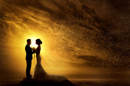 Wedding Couple Silhouette. Bride and Groom over yellow Sunshine Sunset. Romantic Couple at Night Sky Stars Landscapeの写真素材
