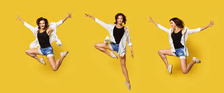 Set of Dancer Women Jumping in Air over Yellow. Happy Smiling Positive Woman Dancing Hip Hop in White Shirtの写真素材