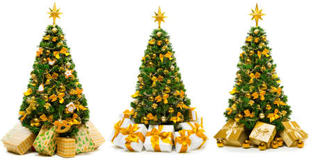 Christmas Tree with Golden Ornaments and Gifts Isolated over White Background, Set of Green Xmas Tree with Present Boxesの写真素材