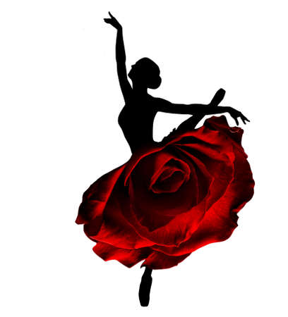 Ballerina Black Silhouette. Ballet Dancer jumping in Tutu Skirt as Red Rose. Woman Dancing in Creative Fantasy Art Dress as Flower isolated Whiteの写真素材