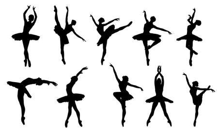 Ballerina Silhouette over White Studio Background. Set of Vector Classic Ballet Dancing Girl in Tutu Skirt. Isolated Woman Dancer Black Shape Poses in different Positionsの写真素材