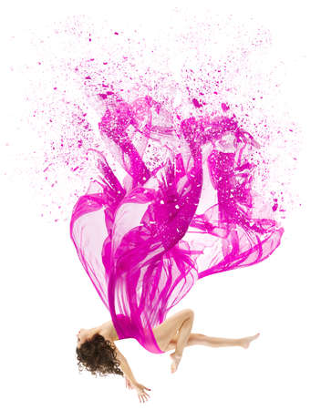 Woman falling down in Pink Chiffon Dress flying on Wind over isolated White. Fashion Beauty Model in Creative Purple Gown levitating in Air. Fine Art Dancer Portraitの写真素材