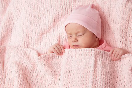 Newborn Baby sleeping under knitted Blanket. Cute Infant Child wrapped in Cotton Towel. New Born...