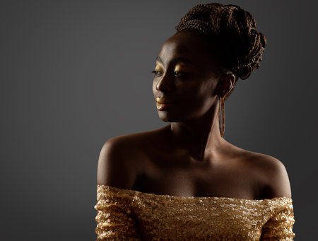African Woman Black Silhouette. Dark Skin Beauty Model with Golden Make up Profile Side View over Gray. Fashion Girl Face Portrait with Afro Braids Hairstyle in Glitter Golden Dress in Backlightの写真素材