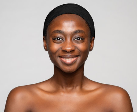 Happy African Woman Face Portrait. Cheerful smiling Beauty Model with Dark Skin and Headwrap covered Hair. Women Facial Skin and Body Care Cosmetic and Cosmetologyの写真素材