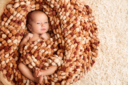 New Born Baby wrapped in Woolen Blanket, Newborn Child lying in Nest. Cute Infant over beige Fluffy Carpet Backgroundの写真素材