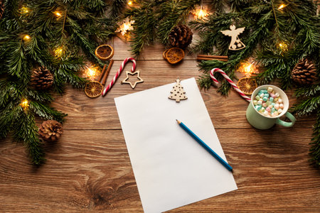 Letter to Santa. Christmas Wish List. Empty White Paper over Xmas Decorated Brown Wooden Table with Cup of Hot Drink. New Year Card Frame with Fir Tree Branches with Ornaments and Toysの写真素材