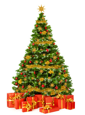 Christmas Tree with Red Gift Boxes and Golden Toys isolated White. Xmas Fir Tree with many Packed Presents under it. Decorated Christmas Tree with Gold Garland, Ornaments and Ballsの写真素材