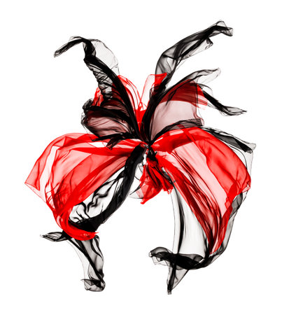 Abstract Chiffon Fabric Design. Black and Red Silk Cloth as Butterfly Wings flying over isolated white backgroundの写真素材