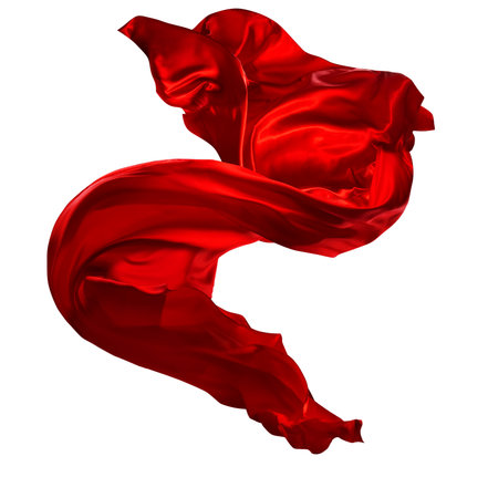 Red Silk Cloth flying in Air. Satin Fabric floating on wind over White isolated Background. Abstract Textile Objectの写真素材