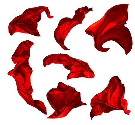 Set of Red Silk Cloth flying in Air. Satin Fabrics waving on wind over White isolated Background. Group of Abstract Textile Object. Scarves flutteringの写真素材