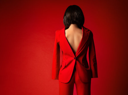 Woman in Suit Back to front. Fashion Girl Rear view with naked Back and Bob Hair Style. Backwards of Stylish Model in Red Classic Jacket. Female Business Conceptの写真素材