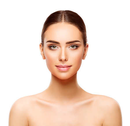 Beauty Model Face Skin Care. Beautiful Girl Portrait Full Lips over White. Woman Facial Treatment Cosmetics and Facelift Plastic Surgery. Spa Cosmetologyの写真素材