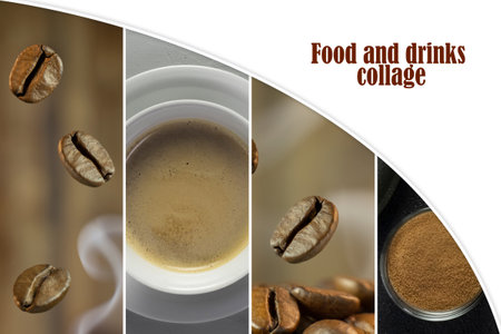 Horizontal collage with free space for text. Close-up coffee beans, smoke, coffee aroma and white coffee cup on dark background.の写真素材