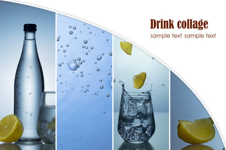 Horizontal collage with free space for text. Drinks on a blue background. water splash. Bubbles close up. Falling slices of lemon.の写真素材