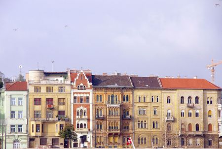 Old houses along the river Danube in Budapest in Hungaryの写真素材