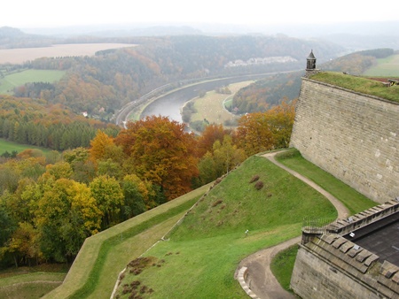The fortress of Koenigstein and its environment in Germany in autumnの写真素材