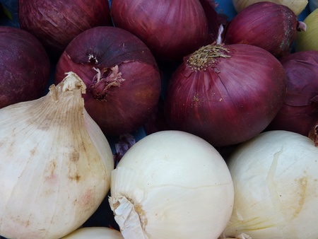 Red and white onions at the vegetable market in summerの写真素材