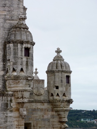 A detail of the historic tower of Belem in Lisbon in Portugalの写真素材
