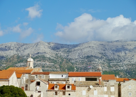 Panoramic view at Korcula city in Croatia with the penininsula peljesac in the backの写真素材