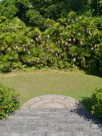 An Asian moon stone in a garden in Sri Lankaの写真素材