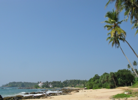 The beach with the rocks and vegatation and the Indian ocean in Sri Lankaの写真素材
