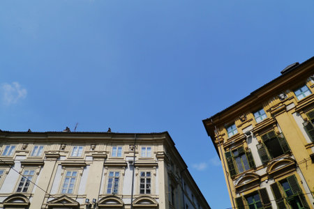 Houses decorated with the heads of animals in Turin in Italyの写真素材