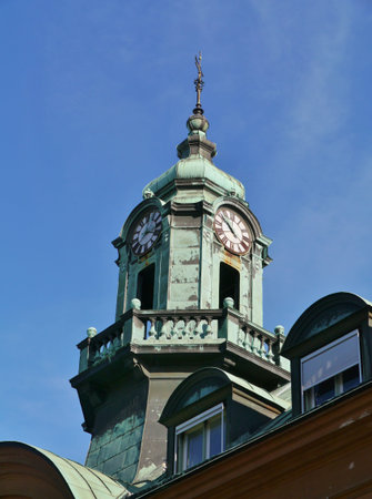 The tower with a clock on a historic building in Kalmar in Sweden