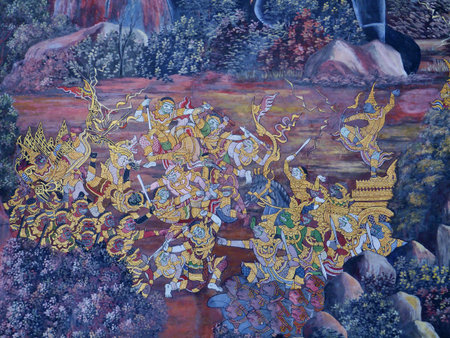 Wall paintings of the grand or royal palace on Thailand in Asia