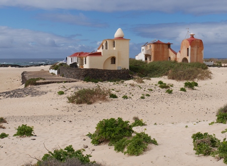 A settlement in a colorful Moorish style near the village El Cotillo on the Canary island Fuerteventura belonging to Spainの写真素材