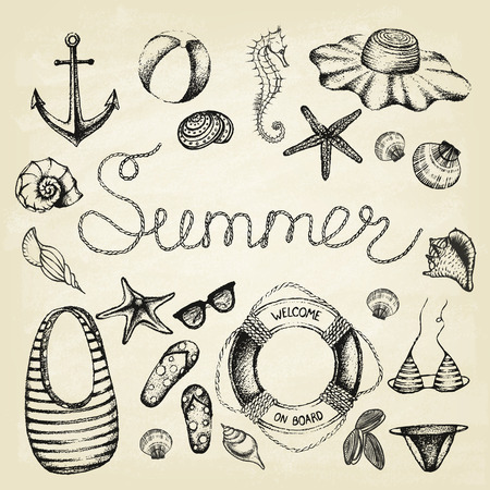 Summer set. Hand drawn retro icons summer beach set on a grunge paper background. Vintage style. Vector illustration.のイラスト素材