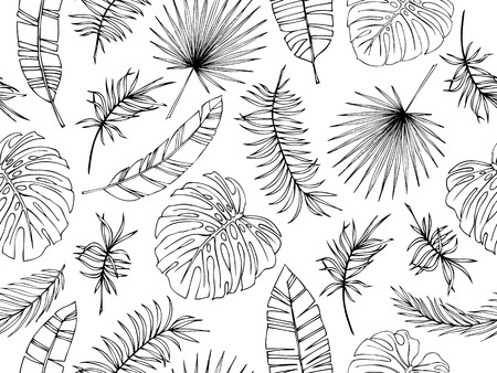 Set of tropical leaves. Drawing sketches of leaves. Vector illustration. Seamless pattern.のイラスト素材