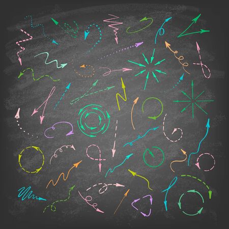 Vector illustration of hand drawn doodle arrows. Set of icons on the chalkboard background.のイラスト素材