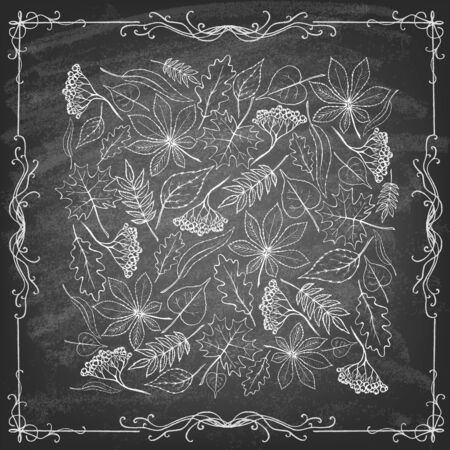 Set of autumn leaves on blackboard. Vector illustration.のイラスト素材