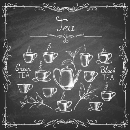 Set of tea collection with a tea cup in vintage style on chalkboard. Vector illustration.のイラスト素材
