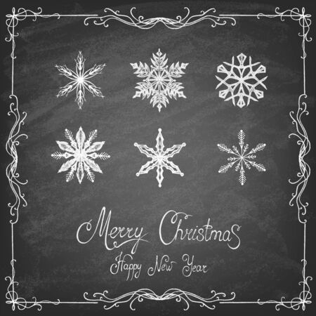 Set of snowflake on the blackboard. Winter. Vector illustration.のイラスト素材