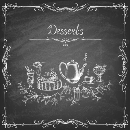 Vintage collection sketches of desserts on the blackboard. Vector illustration.のイラスト素材