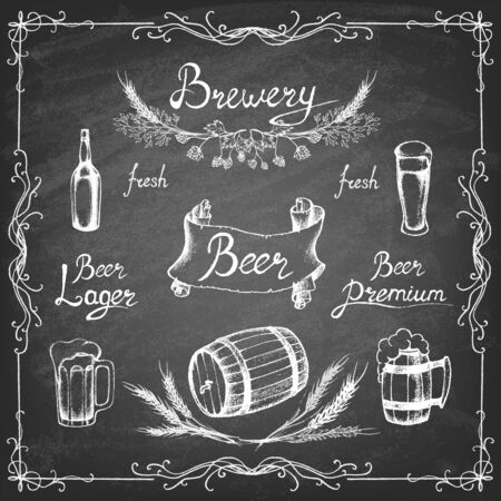 Set of beer. Sketch elements on the blackboard. Hand-drawn vector illustration.のイラスト素材
