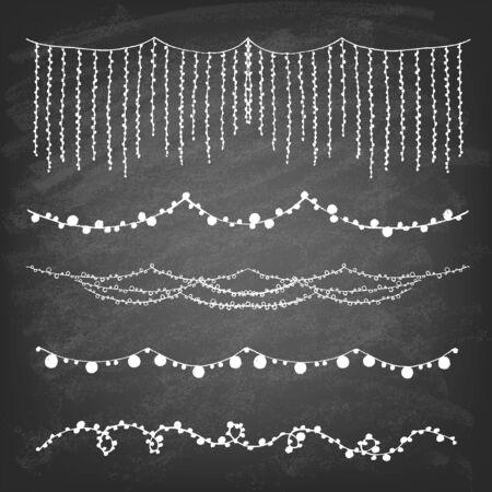 Set of hand drawn String Holiday or Christmas Lights on chalkboard background. Style Garland Lights. Vector illustration.のイラスト素材
