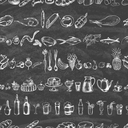 Retro vintage style food design on the blackboard. Hand drawn elements for cooking, vegetables, restaurant and vegetarian food. Seamless pattern. Vector illustration.のイラスト素材